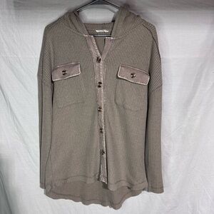 New In brown waffle knit button down hooded top Size Small